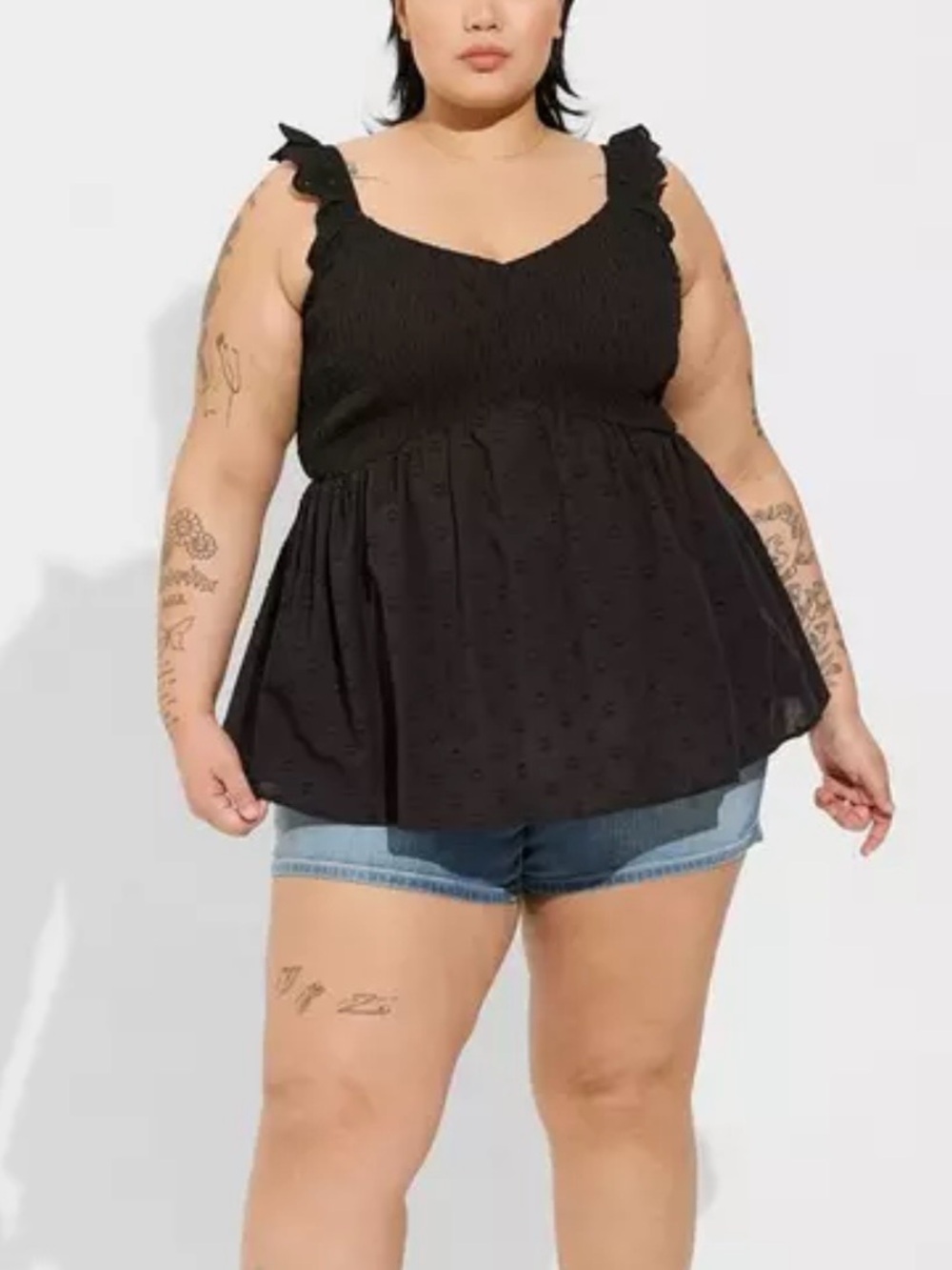 Torrid 0X Black Babydoll Cotton Clip Dot Smocked Bodice Tank - Picture 2 of 10